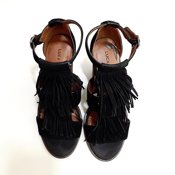 LUCKY BRAND Leesha Fringe T-strap Sandals with Block Heel in Black Suede Leather - Picture 3 of 13